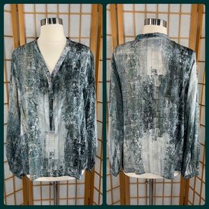 Johnny Was Pete and Greta silk blouse green and brown pattern.